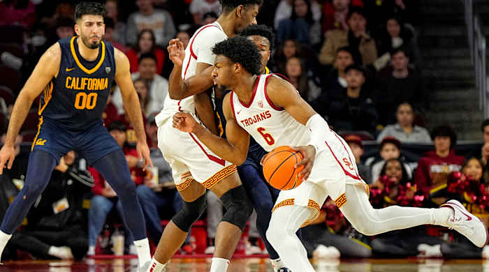 Bronny James dribbling against Cal.